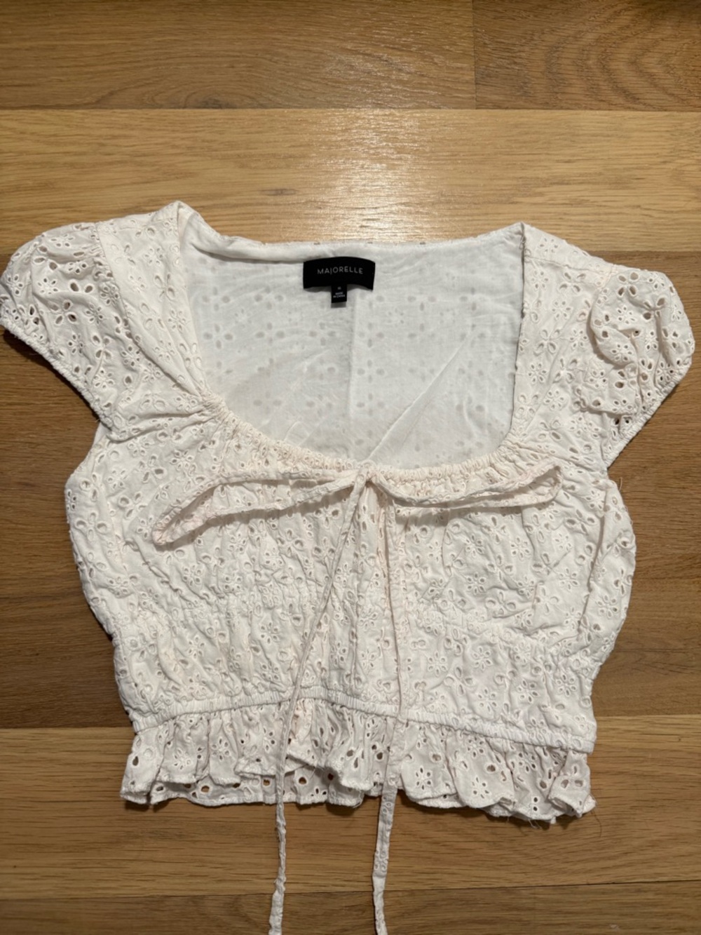 MAJORELLE Ivory Eyelet Tie-Front Peasant Crop Top